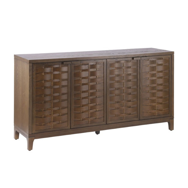 English Elm 59 Inch Woven Texture Four Door Sideboard with Solid Legs Artisan Storage Cabinet N780P421558D