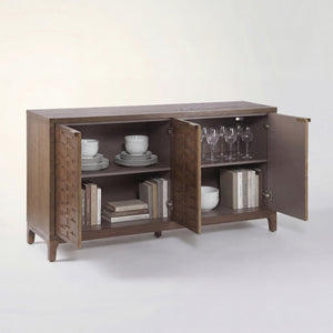 English Elm 59 Inch Woven Texture Four Door Sideboard with Solid Legs Artisan Storage Cabinet N780P421558D