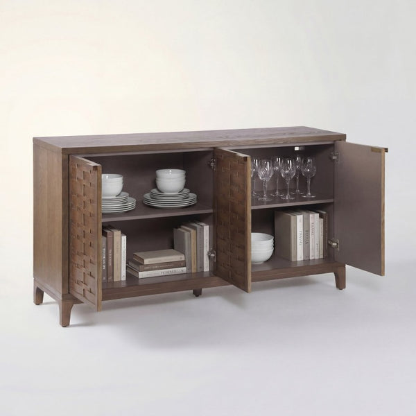 English Elm 59 Inch Woven Texture Four Door Sideboard with Solid Legs Artisan Storage Cabinet N780P421558D