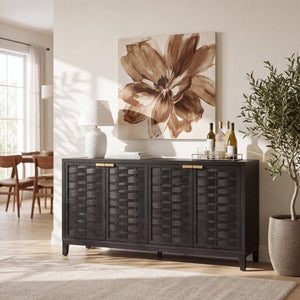English Elm 59 Inch Black Woven Texture Four Door Sideboard with Gold Handles and Solid Wood Legs N780P421558N