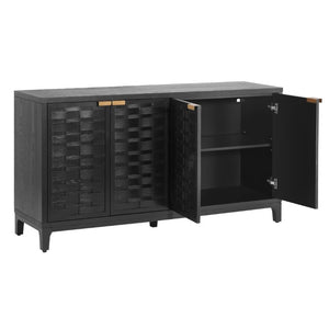 English Elm 59 Inch Black Woven Texture Four Door Sideboard with Gold Handles and Solid Wood Legs N780P421558N