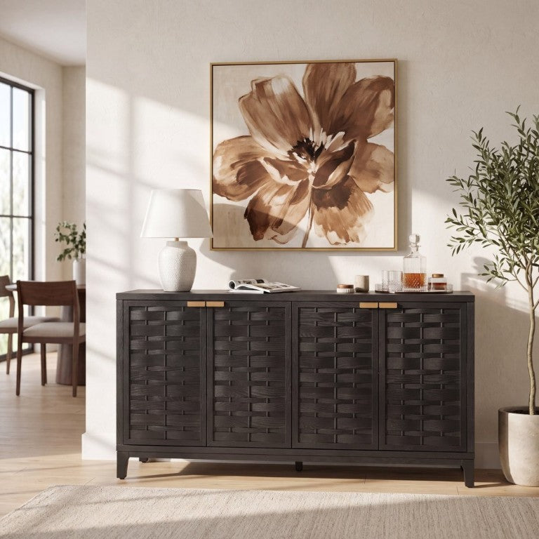 English Elm 59 Inch Black Woven Texture Four Door Sideboard with Gold Handles and Solid Wood Legs N780P421558N