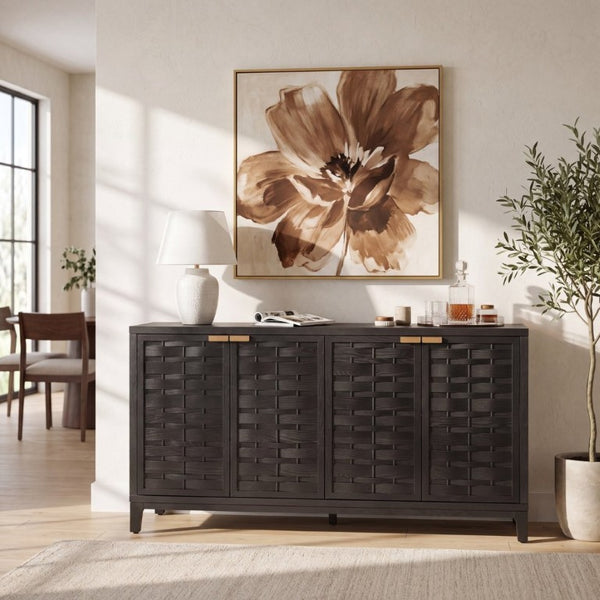 English Elm 59 Inch Black Woven Texture Four Door Sideboard with Gold Handles and Solid Wood Legs N780P421558N