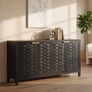 English Elm 59 Inch Black Woven Texture Four Door Sideboard with Gold Handles and Solid Wood Legs N780P421558N