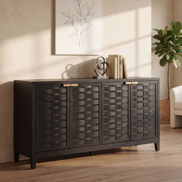 English Elm 59 Inch Black Woven Texture Four Door Sideboard with Gold Handles and Solid Wood Legs N780P421558N