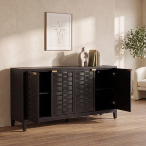 English Elm 59 Inch Black Woven Texture Four Door Sideboard with Gold Handles and Solid Wood Legs N780P421558N