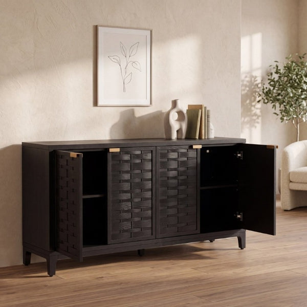 English Elm 59 Inch Black Woven Texture Four Door Sideboard with Gold Handles and Solid Wood Legs N780P421558N