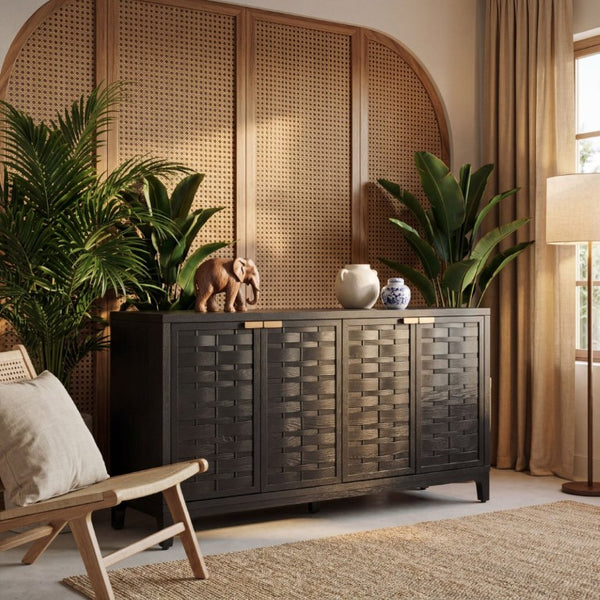 English Elm 59 Inch Black Woven Texture Four Door Sideboard with Gold Handles and Solid Wood Legs N780P421558N