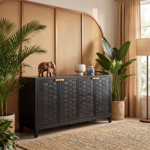 English Elm 59 Inch Black Woven Texture Four Door Sideboard with Gold Handles and Solid Wood Legs N780P421558N