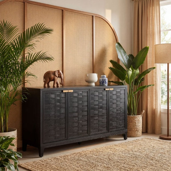 English Elm 59 Inch Black Woven Texture Four Door Sideboard with Gold Handles and Solid Wood Legs N780P421558N