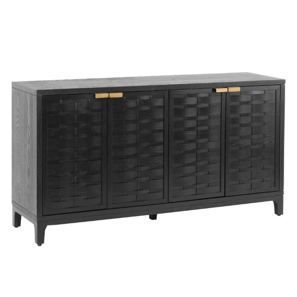 English Elm 59 Inch Black Woven Texture Four Door Sideboard with Gold Handles and Solid Wood Legs N780P421558N