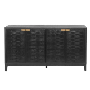 English Elm 59 Inch Black Woven Texture Four Door Sideboard with Gold Handles and Solid Wood Legs N780P421558N