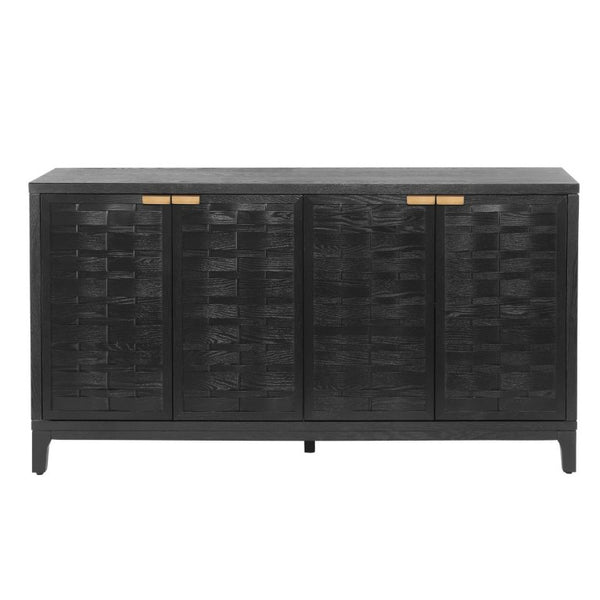 English Elm 59 Inch Black Woven Texture Four Door Sideboard with Gold Handles and Solid Wood Legs N780P421558N