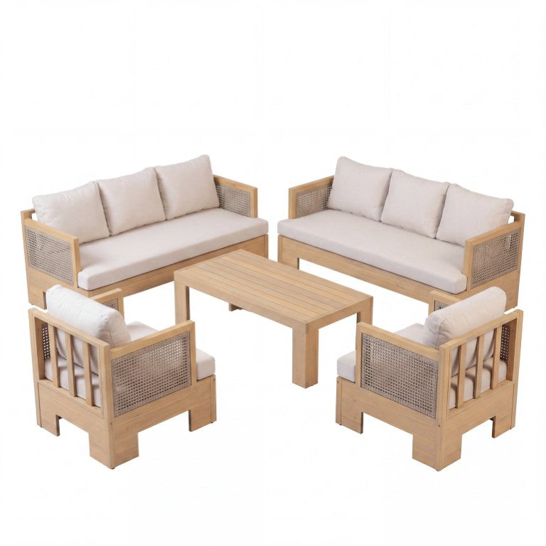 English Elm 5-Pieces Acacia Wood Outdoor Conversation Set with Wicker Panels and Cushioned Patio Seating N780P4485992802L