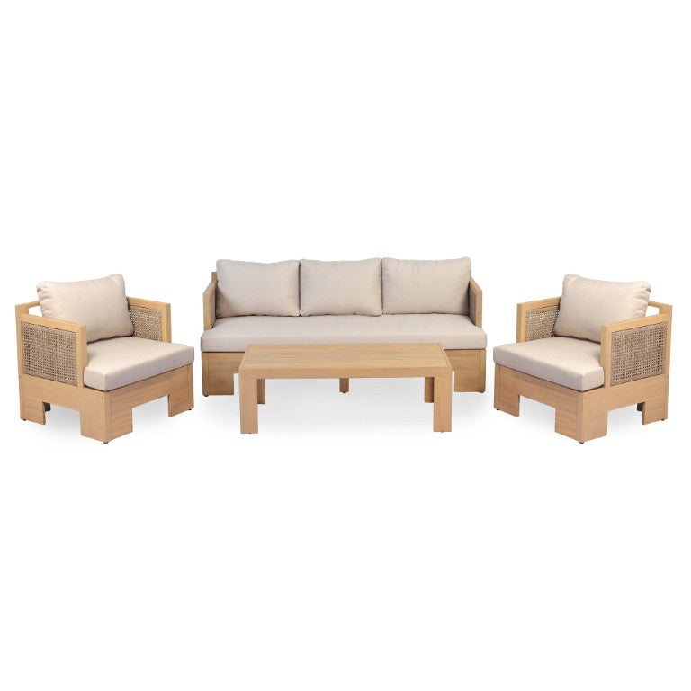 English Elm 4-Pieces Acacia Wood Outdoor Conversation Set with Wicker Panels and Cushioned Sofa N780P448599280L
