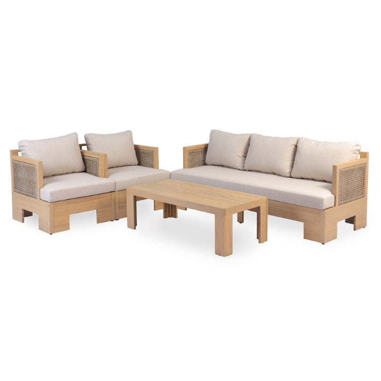 English Elm 4-Pieces Acacia Wood Outdoor Conversation Set with Wicker Panels and Cushioned Sofa N780P448599280L