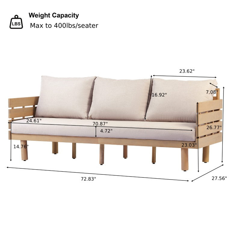 English Elm Outdoor Acacia Hardwood 3 Seat Patio Sofa Mid Century Slatted Frame Deep Cushions N780P448679L