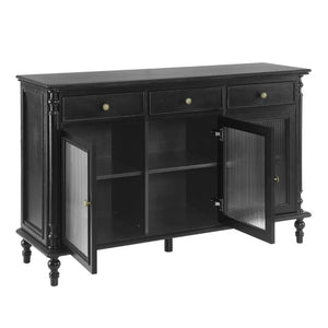 English Elm 54 Inch Vintage Credenza Fluted Glass Doors Spindle Legs Matte Black Dining Storage N780P455270B