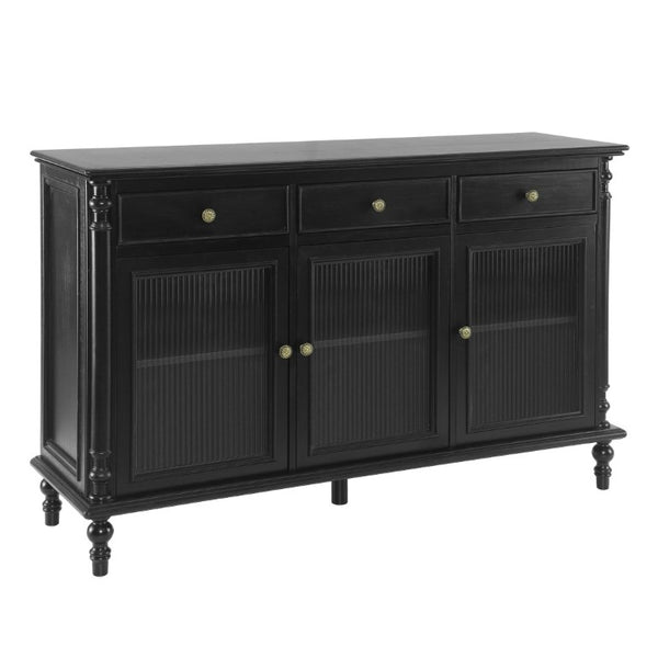 English Elm 54 Inch Vintage Credenza Fluted Glass Doors Spindle Legs Matte Black Dining Storage N780P455270B