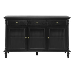 English Elm 54 Inch Vintage Credenza Fluted Glass Doors Spindle Legs Matte Black Dining Storage N780P455270B