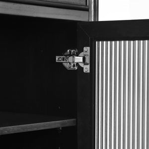 English Elm 54 Inch Vintage Credenza Fluted Glass Doors Spindle Legs Matte Black Dining Storage N780P455270B