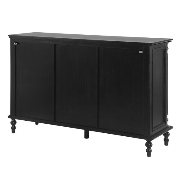 English Elm 54 Inch Vintage Credenza Fluted Glass Doors Spindle Legs Matte Black Dining Storage N780P455270B