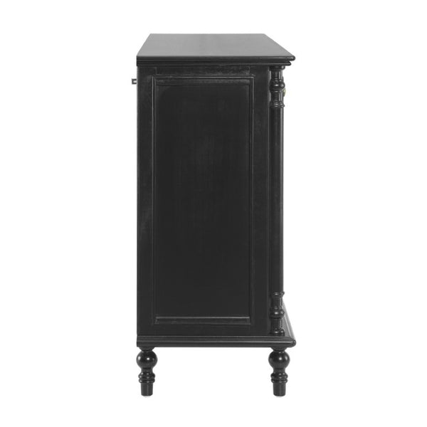 English Elm 54 Inch Vintage Credenza Fluted Glass Doors Spindle Legs Matte Black Dining Storage N780P455270B