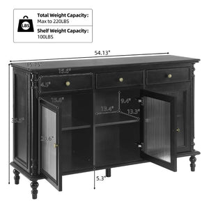 English Elm 54 Inch Vintage Credenza Fluted Glass Doors Spindle Legs Matte Black Dining Storage N780P455270B