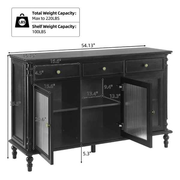 English Elm 54 Inch Vintage Credenza Fluted Glass Doors Spindle Legs Matte Black Dining Storage N780P455270B