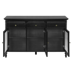 English Elm 54 Inch Vintage Credenza Fluted Glass Doors Spindle Legs Matte Black Dining Storage N780P455270B