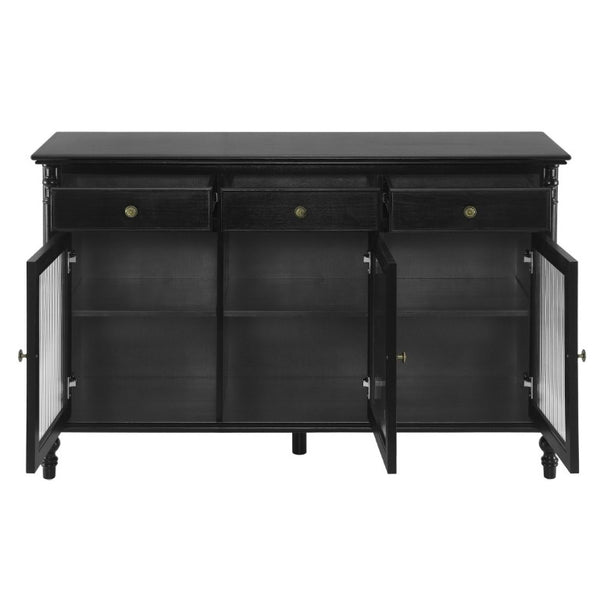 English Elm 54 Inch Vintage Credenza Fluted Glass Doors Spindle Legs Matte Black Dining Storage N780P455270B