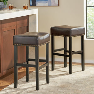 English Elm 30-Inch Backless Faux Leather Barstools with Nailhead Trim Set of 2 for Kitchen Islands Brown N780P482697P