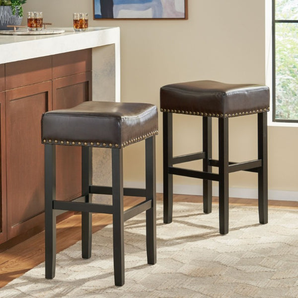 English Elm 30-Inch Backless Faux Leather Barstools with Nailhead Trim Set of 2 for Kitchen Islands Brown N780P482697P