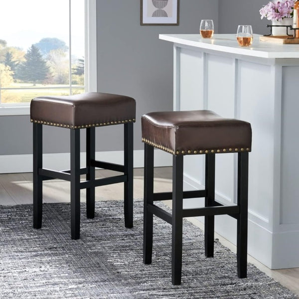 English Elm 30-Inch Backless Faux Leather Barstools with Nailhead Trim Set of 2 for Kitchen Islands Brown N780P482697P