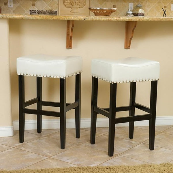 English Elm 30-Inch Backless Faux Leather Barstools with Nailhead Trim Set of 2 for Kitchen Islands Ivory N780P482697W