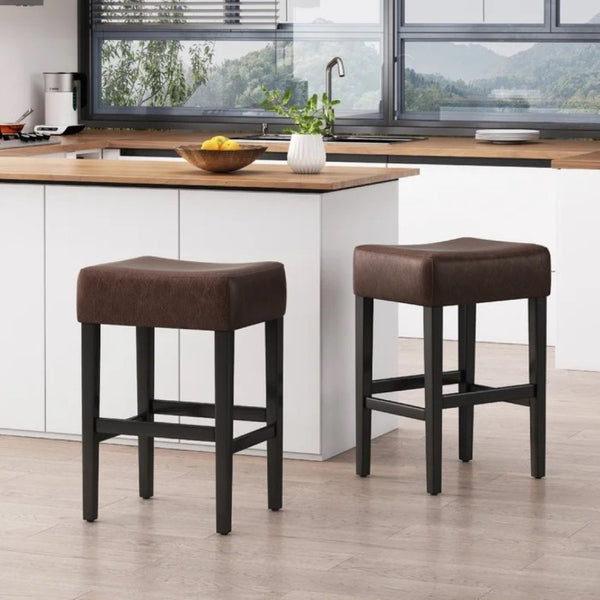 English Elm Set of 2 Faux Leather Backless Counterstools with Padded Seat and Topstitched Detail N780P482792P