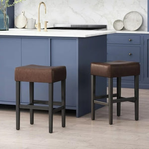 English Elm Set of 2 Faux Leather Backless Counterstools with Padded Seat and Topstitched Detail N780P482792P