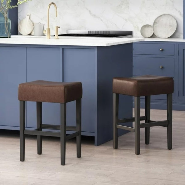 English Elm Set of 2 Faux Leather Backless Counterstools with Padded Seat and Topstitched Detail N780P482792P