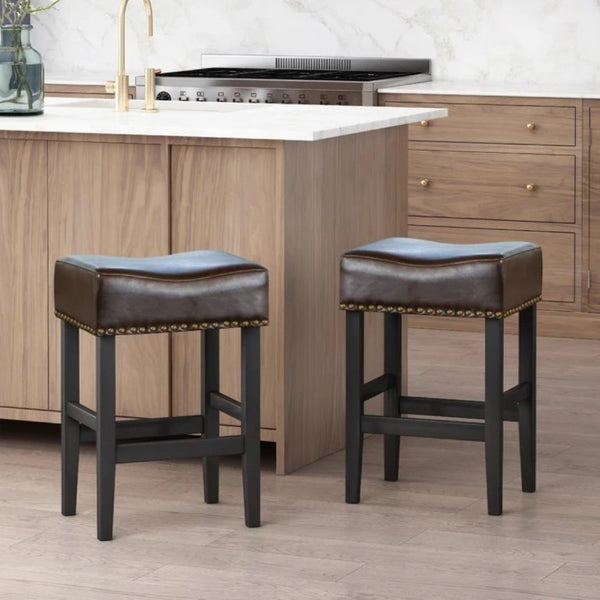 English Elm 26 Inch Backless Counter Stools Set of 2 Bonded Leather Brass Nailhead Kitchen Bar N780P482807P