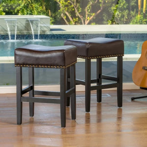 English Elm 26 Inch Backless Counter Stools Set of 2 Bonded Leather Brass Nailhead Kitchen Bar N780P482807P