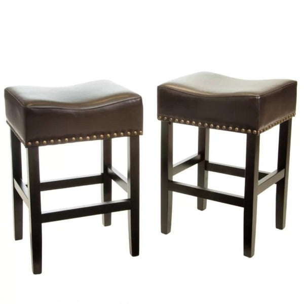 English Elm 26 Inch Backless Counter Stools Set of 2 Bonded Leather Brass Nailhead Kitchen Bar N780P482807P