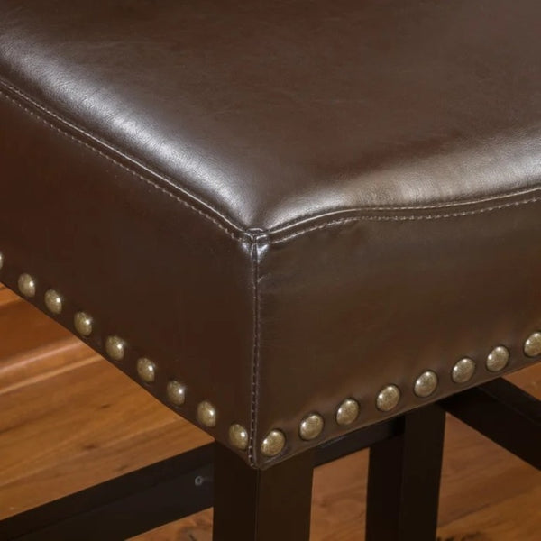 English Elm 26 Inch Backless Counter Stools Set of 2 Bonded Leather Brass Nailhead Kitchen Bar N780P482807P