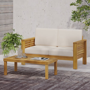 English Elm Teak Acacia Hardwood Outdoor Loveseat Set with Slat Paneling and Low Profile Table N780P505973T