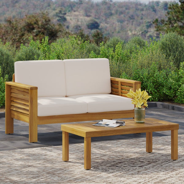 English Elm Teak Acacia Hardwood Outdoor Loveseat Set with Slat Paneling and Low Profile Table N780P505973T