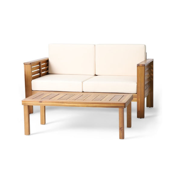 English Elm Teak Acacia Hardwood Outdoor Loveseat Set with Slat Paneling and Low Profile Table N780P505973T