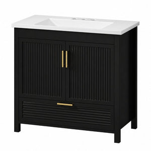 English Elm 36 Inch Freestanding Bathroom Vanity with Fluted Matte Cabinet and Resin Sink Top Black 36 Inch N817P472976B