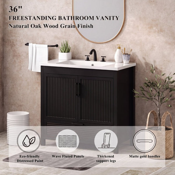 English Elm 36 Inch Freestanding Bathroom Vanity with Fluted Matte Cabinet and Resin Sink Top Black 36 Inch N817P472976B