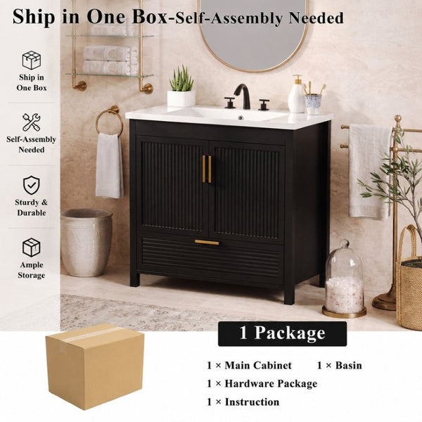 English Elm 36 Inch Freestanding Bathroom Vanity with Fluted Matte Cabinet and Resin Sink Top Black 36 Inch N817P472976B