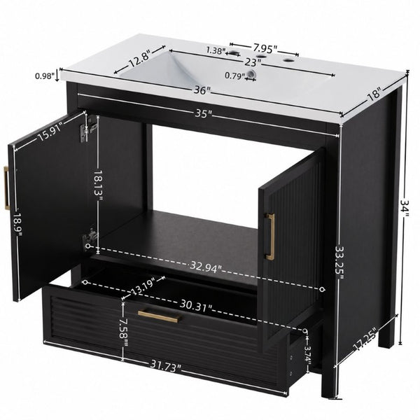 English Elm 36 Inch Freestanding Bathroom Vanity with Fluted Matte Cabinet and Resin Sink Top Black 36 Inch N817P472976B
