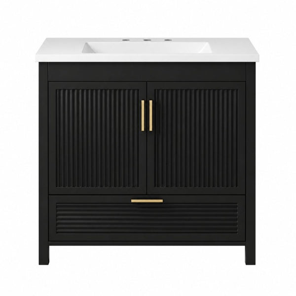 English Elm 36 Inch Freestanding Bathroom Vanity with Fluted Matte Cabinet and Resin Sink Top Black 36 Inch N817P472976B